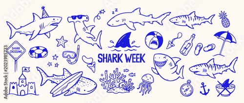 Photos Shark Week Doodles: A whimsical collection of blue ink doodles celebrating shark week with various shark illustrations, beach elements, and oceanic symbols