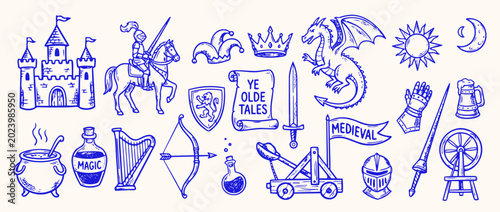 Foto Medieval Elements Collection: A delightful collection of hand-drawn illustrations capturing the essence of the medieval era, featuring castles, knights, dragons, royal regalia, and more