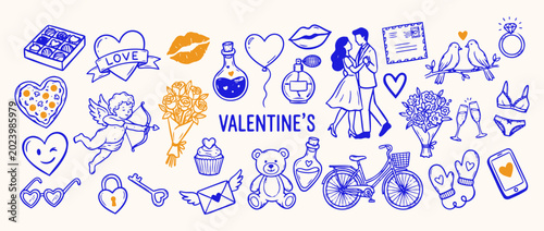 Schilderij op canvas A Celebration of Love and Affection: This charming collection of Valentine's Day icons depicts symbols of romance, togetherness, and heartfelt gestures, perfect for conveying love and appreciation