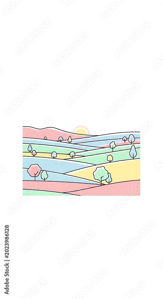 Fototapeta premium Colorful, minimalist landscape with pastel fields, trees, and sun outline. Simple vector art style, evokes calm and peacefulness