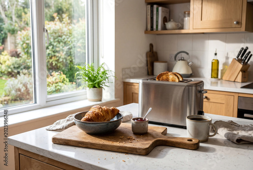 Stainless steel toaster with toasted bread slices, croissant in a ceramic bowl, and a coffee mug on a wooden cutting board in a kitchen