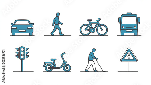 Blue Transportation Icon Vector Set Car, Walking Person, Bicycle, Bus, and Road Travel Symbols
