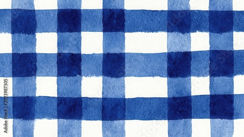 Blue watercolor gingham pattern features overlapping stripes on a white background.