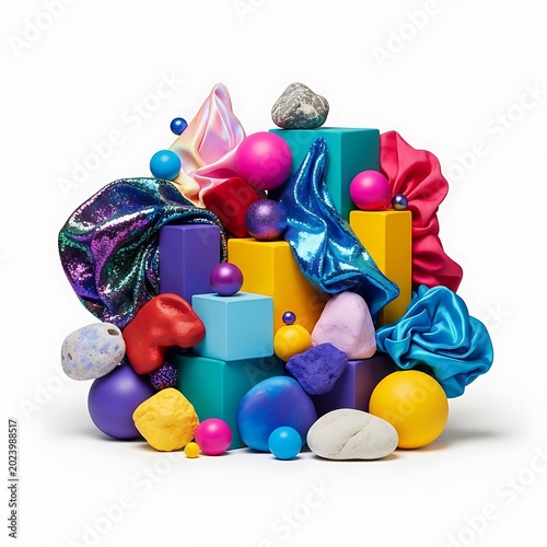 Colorful, abstract composition with geometric shapes, fabric, and spheres on a white background, creating a playful, visually rich artwork