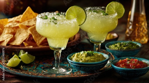 Refreshing lime cocktails are served alongside a bowl of crispy corn chips and fresh dips on a patterned wooden table.