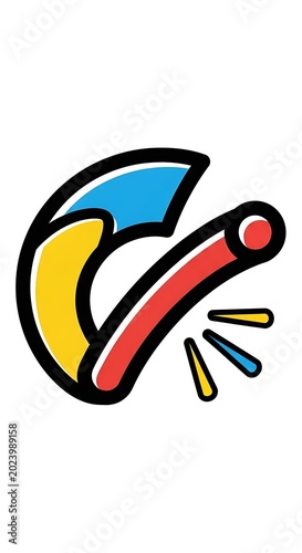 Colorful, abstract graphic with curving shapes and a radiating line, isolated on a white background. Bold colors and a thick black outline