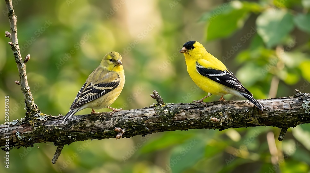Obraz premium Male and female American Goldfinches on a tree branch