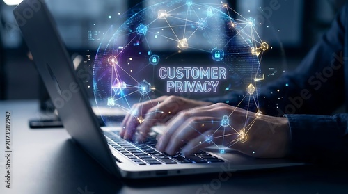 Customer privacy protection concept with digital network and person typing on laptop.