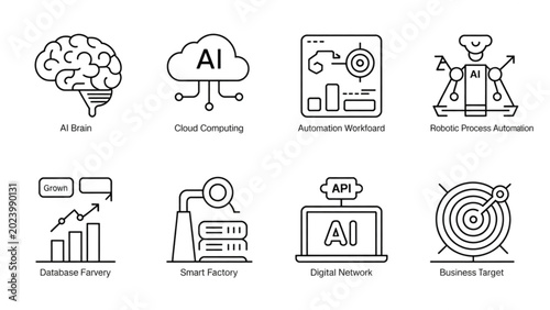 Modern DX & AI Line Icon Set  Automation, Cloud Computing, and Business Growth