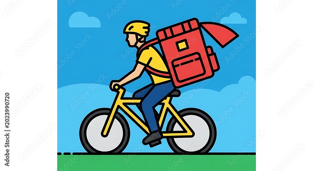 Fototapeta premium Stylized illustration of a person on a bicycle, wearing a helmet and carrying a large red delivery bag against a blue sky