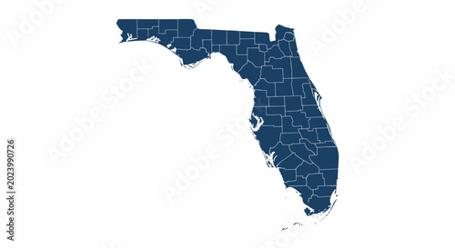 Quadro su tela Florida Map with County Lines - Blue Outline on White Background