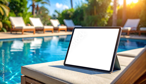 Tablet displaying blank screen on lounge chair next to swimming pool with tropical foliage and lounge chairs, vacation resort ambiance