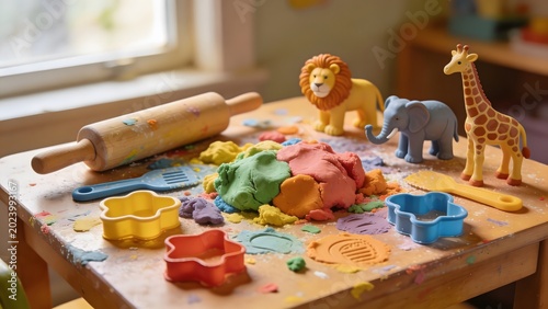 Vibrant playdough and animal toys scattered on a wooden table, encouraging creative fun and learning.