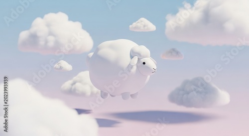 Dreamy white sheep floats peacefully among soft clouds in a pastel sky