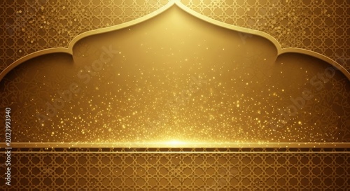 Luxurious golden Islamic archway with shimmering particles and intricate patterns, evoking celebration and elegance.