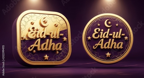 Elegant golden Eid ul Adha emblems with crescent moon and stars on a dark purple background.