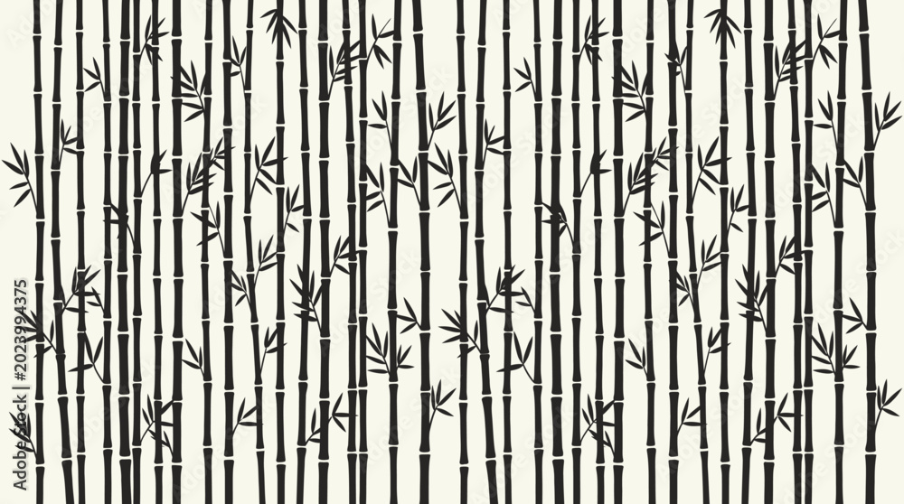 Obraz premium Bamboo pattern with black stalks and leaves on beige background