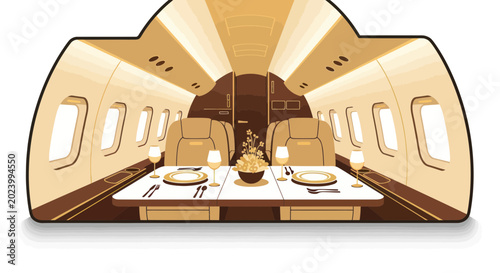 Tableau sur toile Luxury Private Jet Interior with Dining Table, Champagne Glasses, and Floral Arr