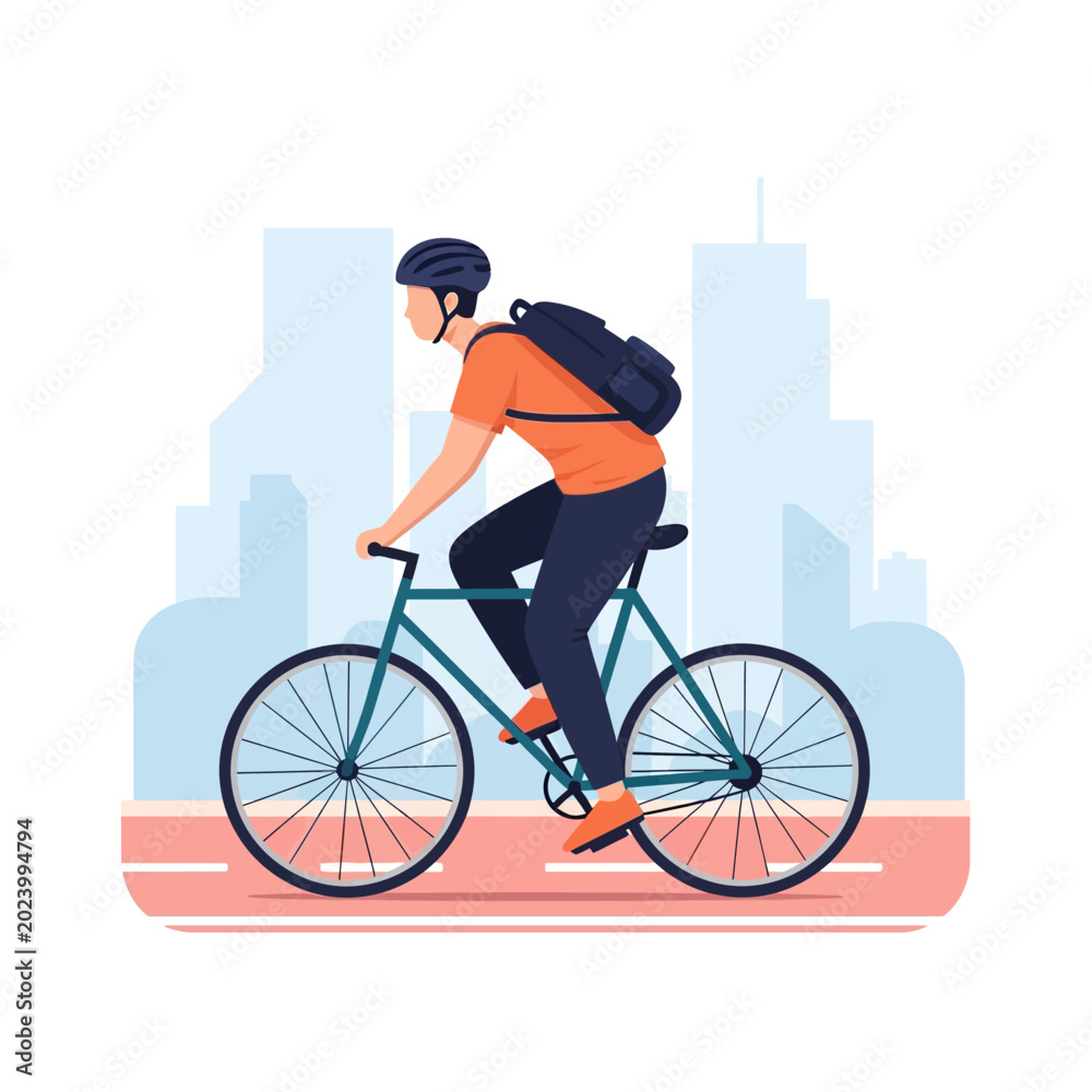 Fototapeta premium Cyclist riding a bicycle on a city street, wearing a helmet and backpack.