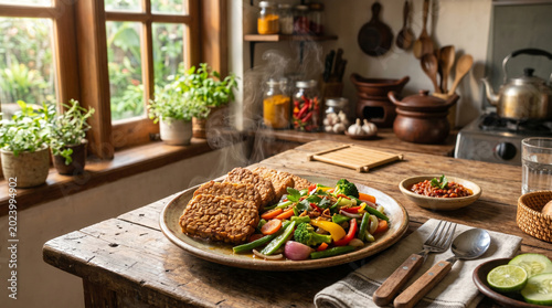 Crispy Tempeh Healthy Plate with Vegetables in Rustic Home Kitchen