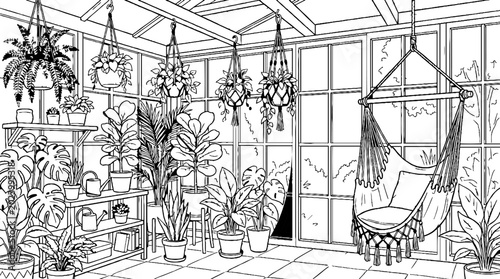 Greenhouse sunroom interior with plants and hammock chair