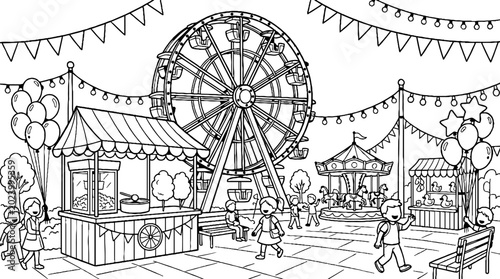 Carnival fairground with Ferris wheel and carousel