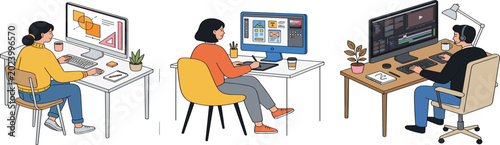 Three People Working at Computer Desks Editing Video and Graphic Design Modern Office Vector Illustration