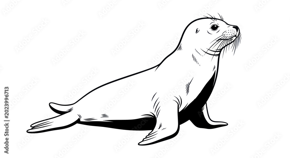 Fototapeta premium Seal illustration outline drawing, marine mammal on white background