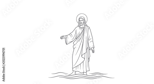 Quadro su tela Jesus Christ Walking on Water, Religious Outline Illustration