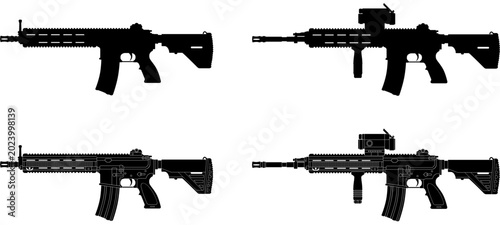 HK Assault Rifle Silhouette Vector Set with and without Tactical Attachments