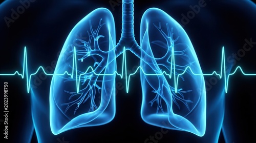 Digital medical concept of respiratory problems and cardiovascular risk through lung and EKG visualization.