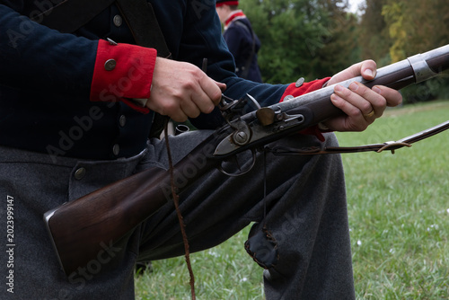 Historical Military Reenactment Flintlock Rifle Loading Demonstration, Photography.