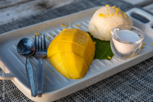 Mango Sticky Rice ,fresh ripe yellow mango and sticky rice with coconut milk on white ceramic plate on white wooden table, authentic Thai dessert. Close up