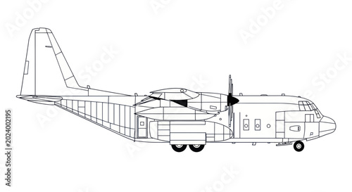 C-130 Hercules Transport Airplane Blueprint - Side View Line Drawing