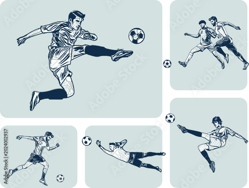 Vector sketch drawing collection of dynamic soccer players in action poses, including volley kicks, running with the ball, and a diving goalkeeper, drawn in an artistic line art style.