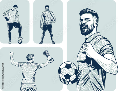 Vector sketch drawing collection of dynamic soccer players in action different poses, drawn in an artistic line art style. Hand drawn sketch. Vector illustration.