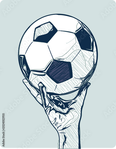 Hand-drawn vector illustration of a human hand holding a soccer ball from below, artistic sketchy style line art for football championship or sports passion concept design.