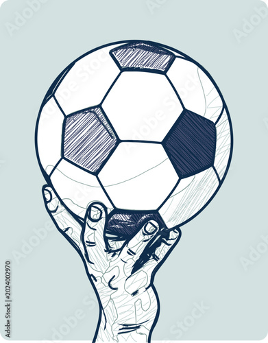 Hand-drawn vector illustration of a human hand holding a soccer ball from below, artistic sketchy style line art for football championship or sports passion concept design.