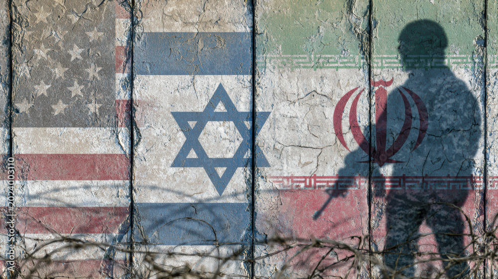 Fototapeta premium Conflict concept with soldier silhouette and flags of United States, Israel, and Iran painted on cracked concrete wall with barbed wire