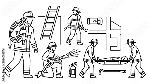 Tableau sur toile Firefighters in action with hose, ladder, and stretcher, responding to emergency situation