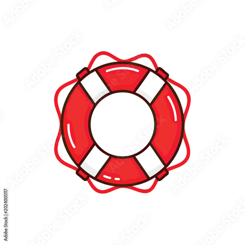 Red and white life preserver ring with rope detail.