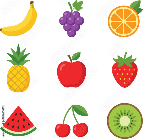 Flat fruit icon set with 9 vector elements, colorful organic food illustrations, healthy nutrition symbols for grocery and menu design