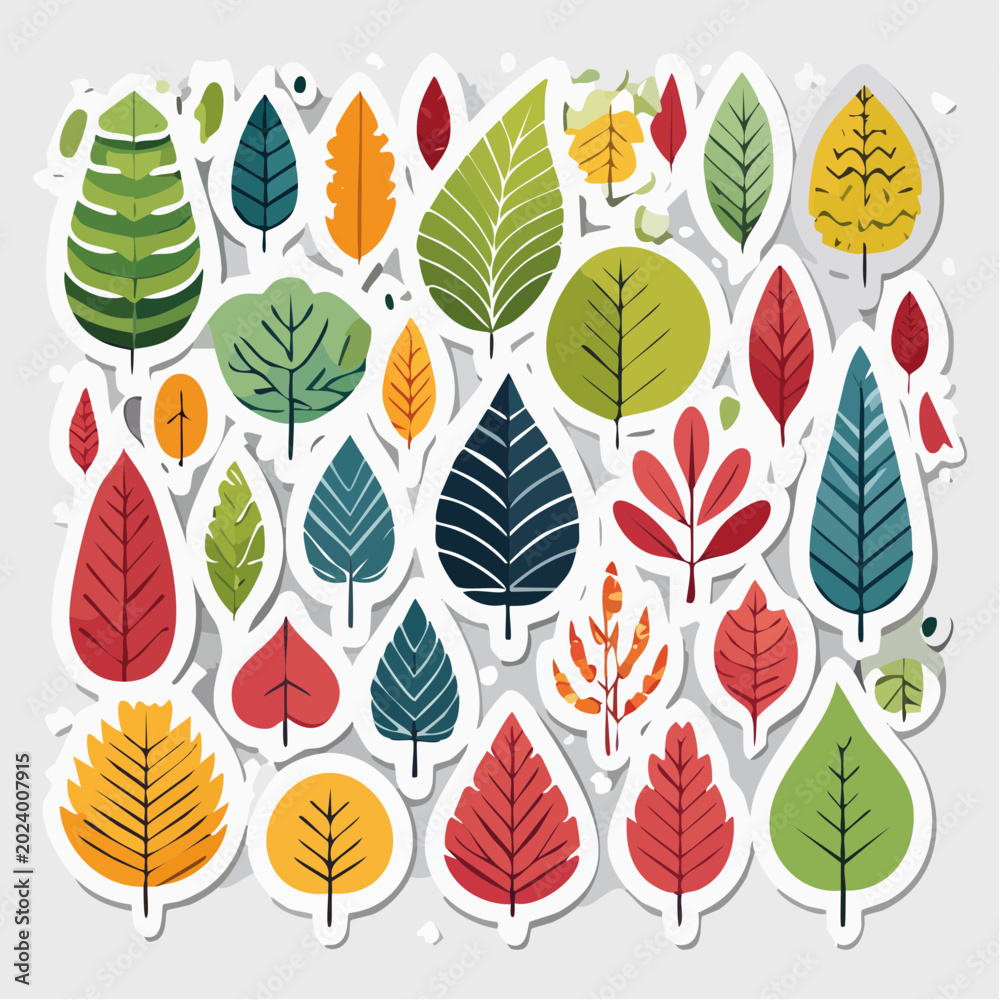 Fototapeta premium Collection of stylized autumn leaves in various colors and shapes