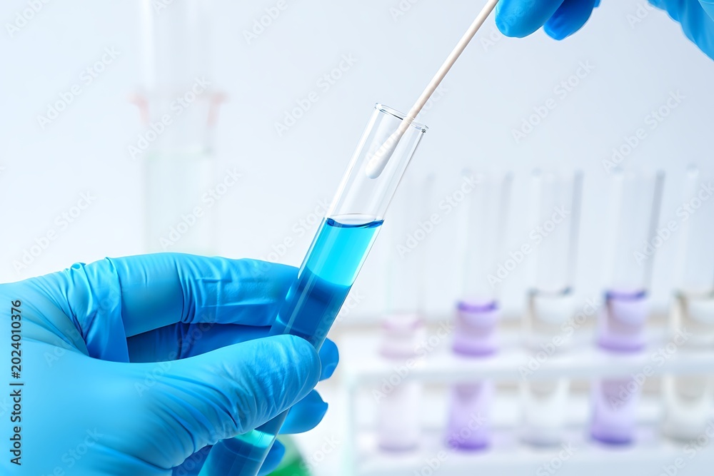 Fototapeta premium Scientist hands in blue gloves holding test tube and DNA swab in laboratory conducting genetic medical research, analysis, diagnosis, sterile clinical environment concept scene realistic.