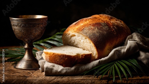 Golden Chalice and Rustic Sourdough Bread on Linen Cloth with Tropical Leaves Dramatic Lighting on Wooden Tabletop Religious Still Life Symbolizing Communion and Sustenance
