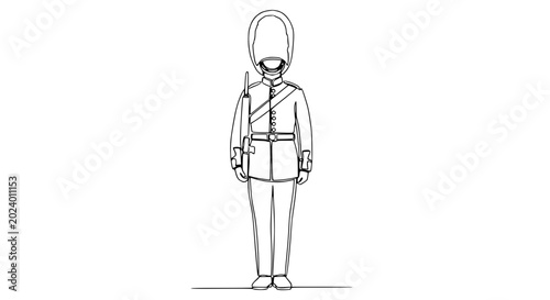 Photos Line Art Drawing of a British Royal Guard in Uniform with Bearskin Hat and Rifle