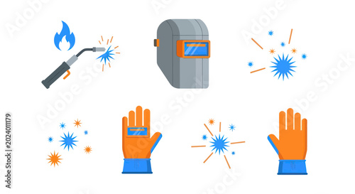 Welding Equipment and Sparks Icon Set - Safety Gear and Tools Collection