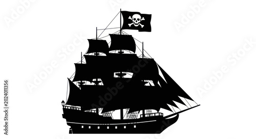 Schilderij op canvas Pirate Ship Silhouette with Jolly Roger Flag