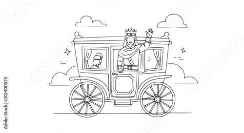Tableau sur toile Royal carriage with waving queen and attendant, line art illustration