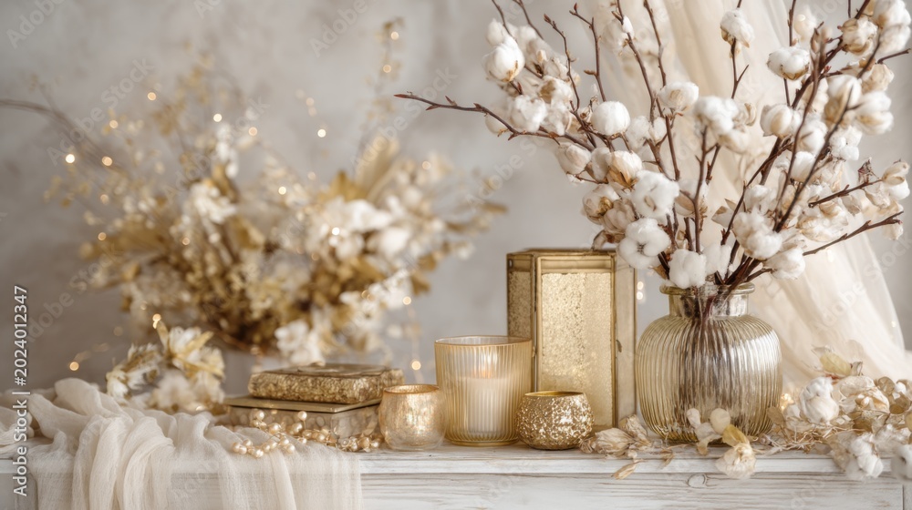 Fototapeta premium Elegant arrangement of cotton branches and candles amidst soft textures and warm tones, creating a cozy and inviting atmosphere for home decor enthusiasts